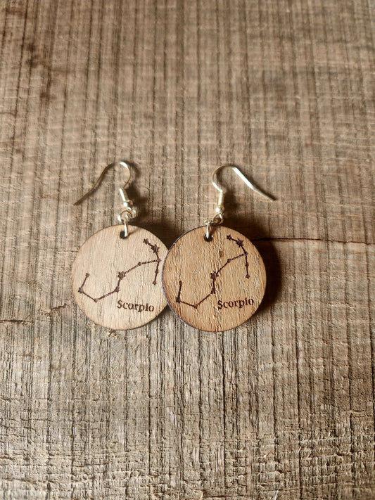 Scorpio Constellation Laser Etching on Black Locust Circle Earrings